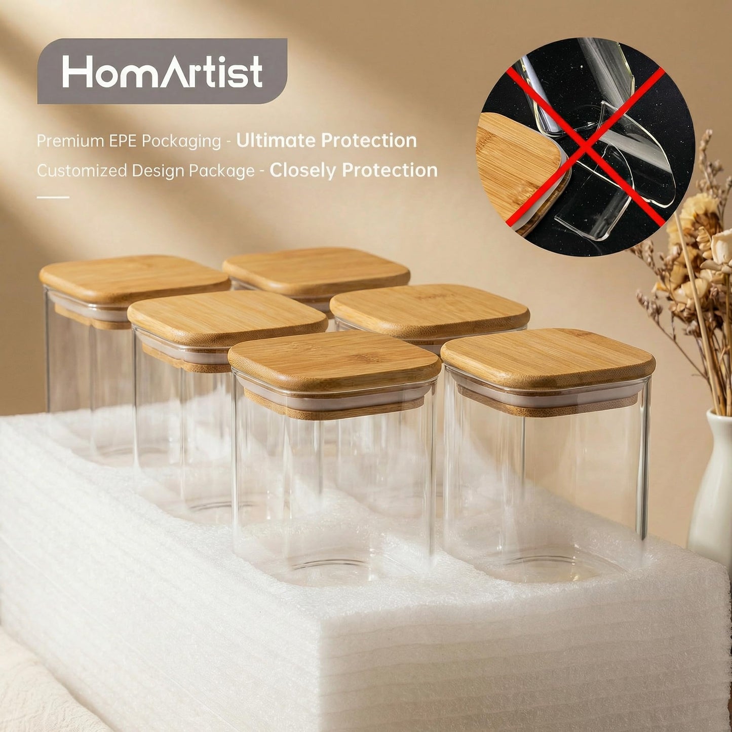 Extra Large Square Glass Flour & Sugar Storage Containers with Airtight Lids, 168oz 2 Pack Glass Jars with Bamboo Lids, Air tight Pantry Food Storage Containers for Cereal, Pasta, Rice Organizers