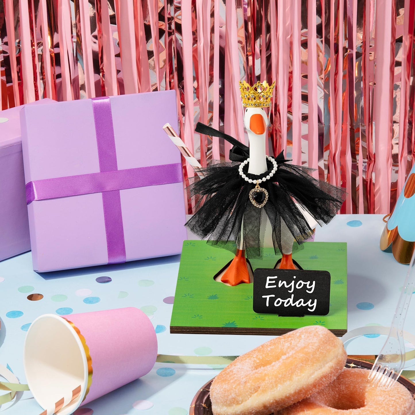 GudaAphrmix 29Pcs Desk Goose Statue Goose Outfits with Tutu Dress Crystal Crown Necklace, 7inch Resin Mini Goose with Writable Sign Chalk, Small Desk Duck Figurine for Office Home Art Decor