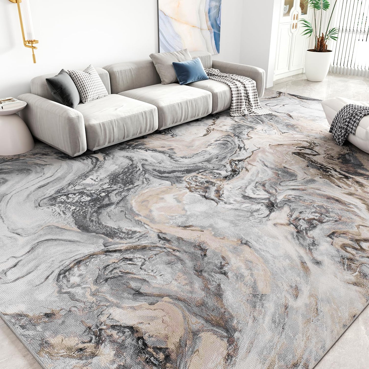 5x7 Area Rugs for Living Room, Modern Abstract Rug for Bedroom, Cream and Grey Machine Washable Rug, Large Stain Resistant Carpet for Dining Room Playroom Home Office, Pet & Kids Friendly
