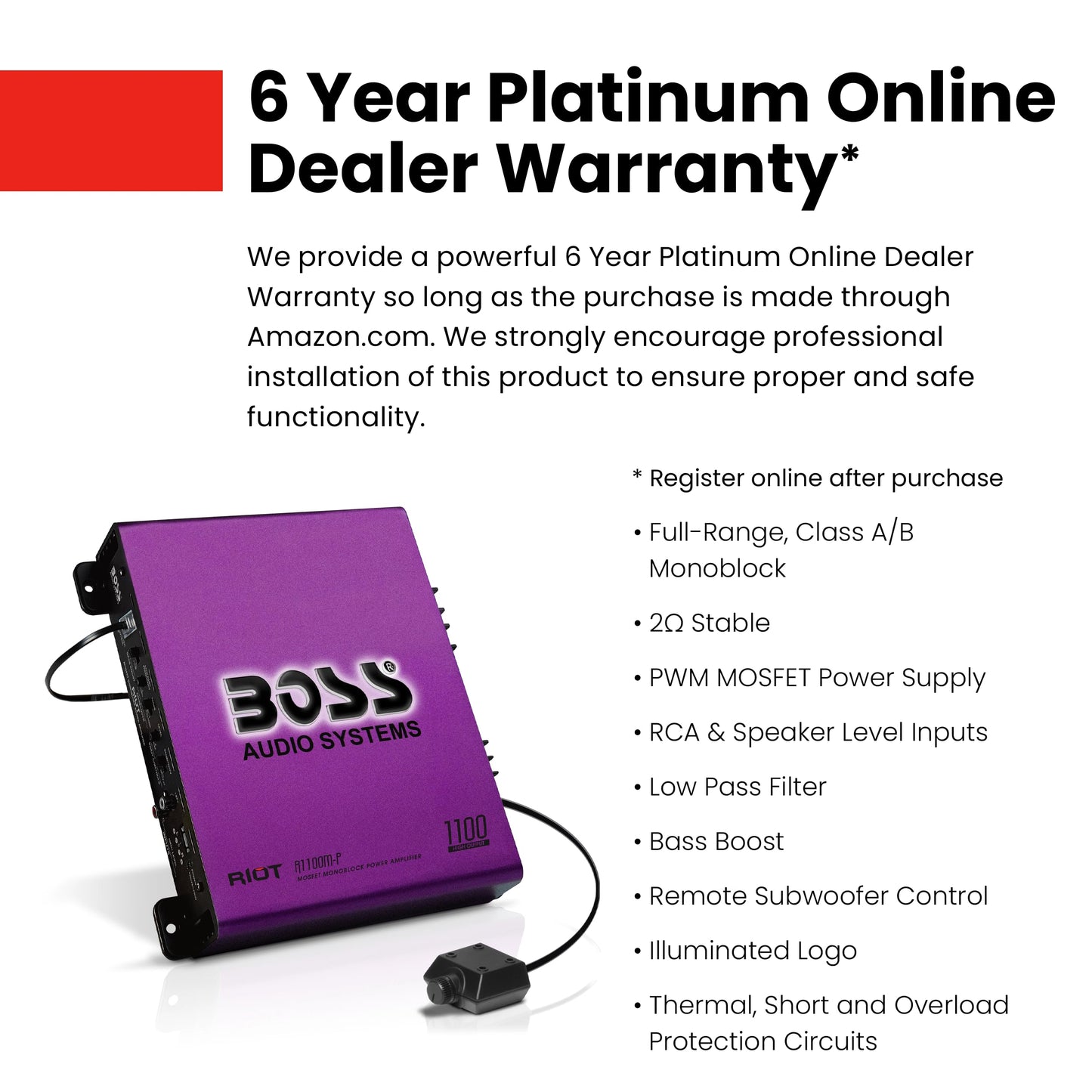 Boss Audio Systems R1100M-P Monoblock Car Amplifier - 1100 High Output, 2-8 Ohm Stable, Low/High Level Inputs, Low Pass Crossover, MOSFET Power Supply