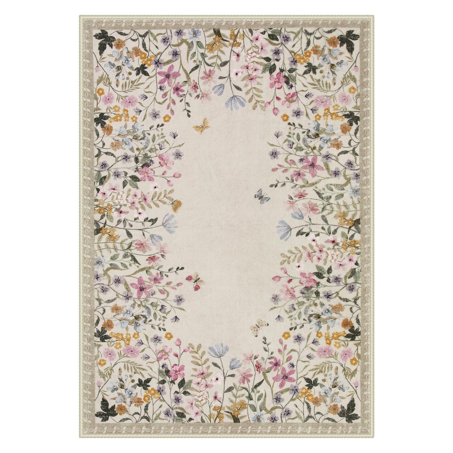 Wonnitar 5x7 Area Rug for Living Room, Floral Washable Rug for Bedroom, Boho Botanical Nursery Rug, Non Slip Soft Farmhouse Carpet, Beige Kids Playroom Decor (5x7 Beige)
