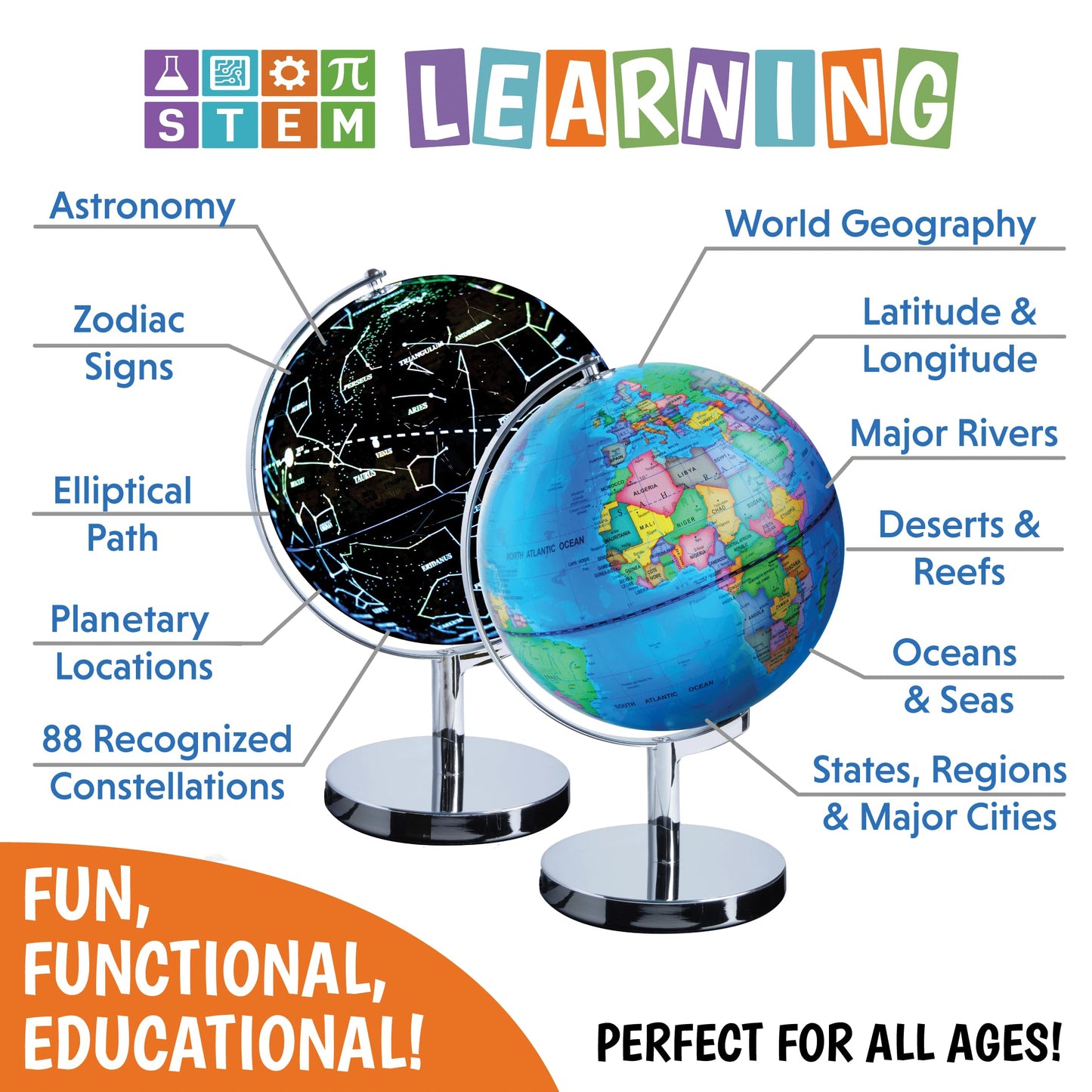 USA Toyz Illuminated World Globe with Stand - 3in1 STEM Globes for Adults and Kids, Constellation Map, Built-In LED Night Light Lamp, Easy to Read Texts, Non-Tip Base, 13.5 Inch Tall, 9 Inch Diameter