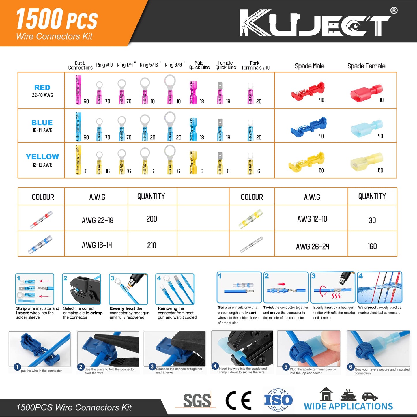 Kuject Ultimate Heat Shrink Wire Connectors, 1500PCS Waterproof Electrical Spade Connectors kit, Insulated Crimp Ring Fork Spade Terminal T-Tap Solder Butt Splice Connectors for Marine Boat Truck