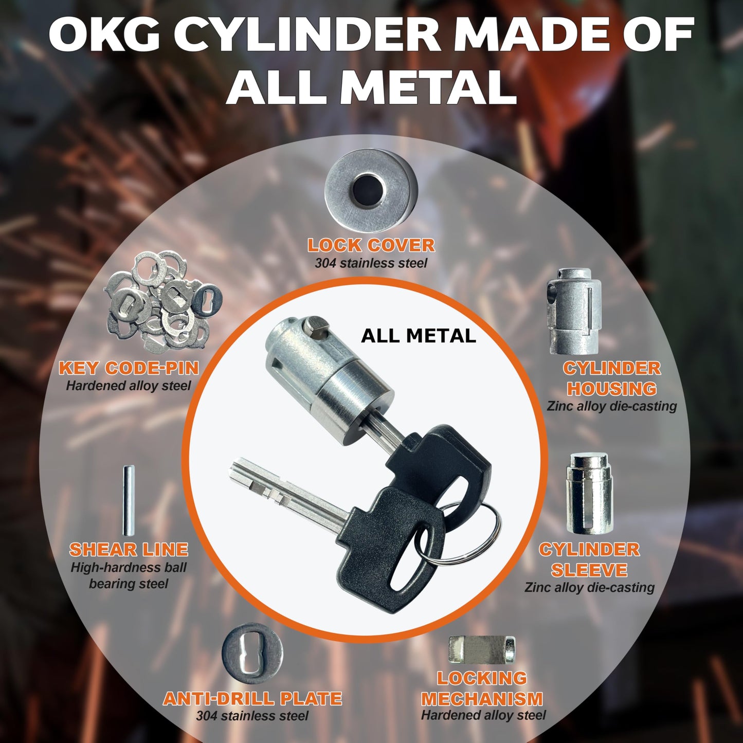 OKG Ultra Secure Stainless Steel Lock - 3 Keys, 2 Rods, Heavy Duty Solid Cast Padlock - 7/16" Shackle, Push Cylinder, Rust Proof Outdoor Lock - Combo Security Chain for 2-Wheeled Vehicle (No Chain)