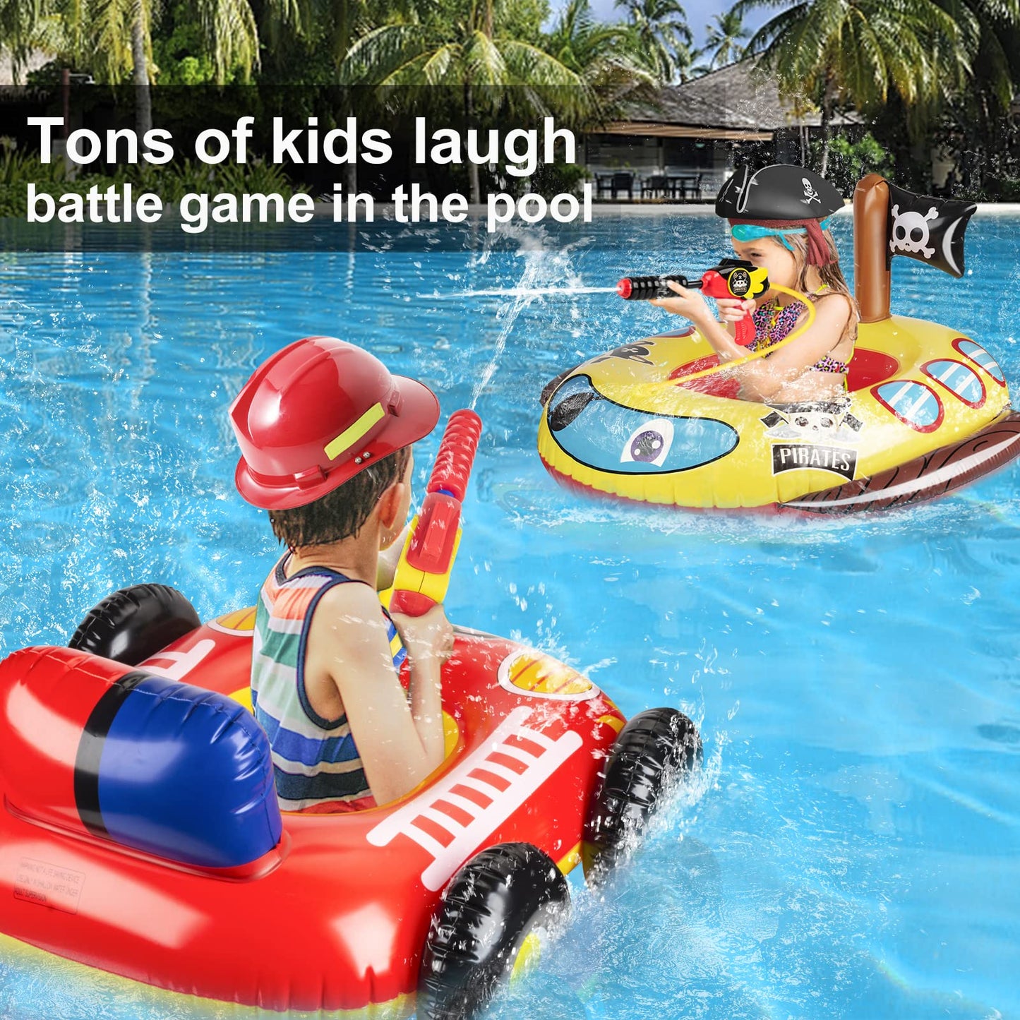 2 Pack Inflatable Kids Pool Floats with Water Gun, Pool Toys for Kids Ages 4-8, Blow Up Pool Floats Kids, Toddlers Swimming Pool Game Toys, Firetruck and Pirate Ship Floaties for Boys Girls and Child