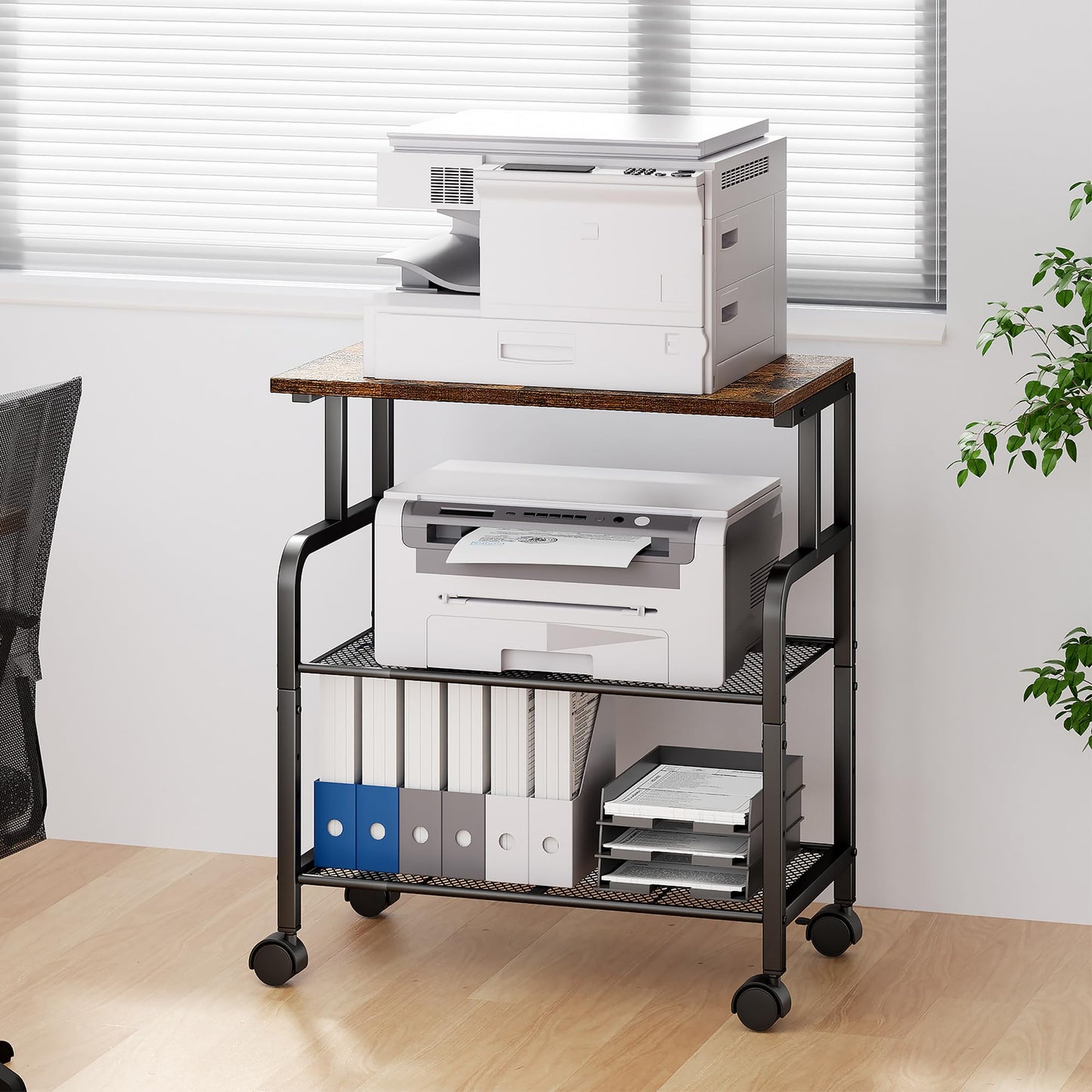 Alexayhome Printer Cart with Wheels, Printer Stand with Storage, Printer Table for Home Office, 3 Tier Cart with Adjustable Shelf, Supports Up to 100 Lbs, for Print, Heat Press, Scanner & Fax