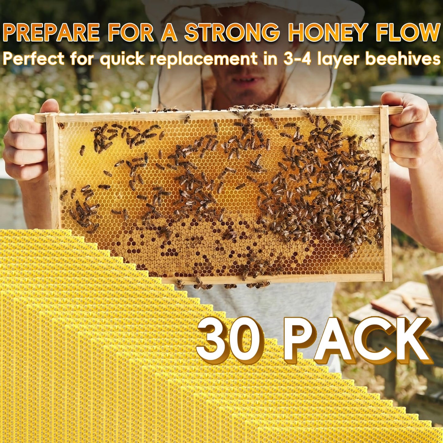 NUOMIC 30PCS Natural Beeswax Foundation Sheets for Bee Hive Wired Frames, Multi Purpose Beeswax Sheets for Candle Making, Crafts, Models and DIY Projects