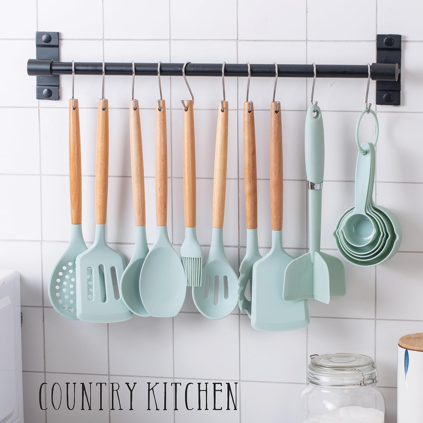 Country Kitchen Non Stick Silicone Utensil Set with Rounded Wood Handles for Cooking and Baking, 38 Piece Set, Mint