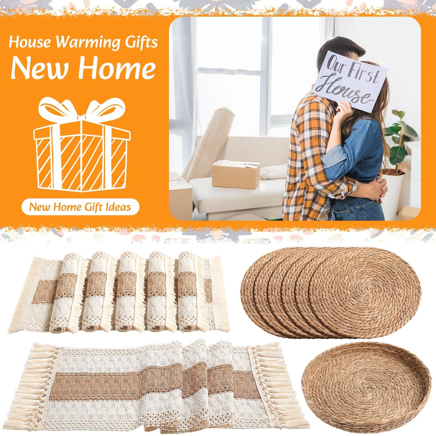 Gandeer Boho Placemats 4/6/8 Set of Round Woven Placemat Macrame Style Bicolor Stitching Long Table Runner Farmhouse Rustic Natural Burlap Cotton for Kitchen Dining Table(6 Sets,Brown,12x72)