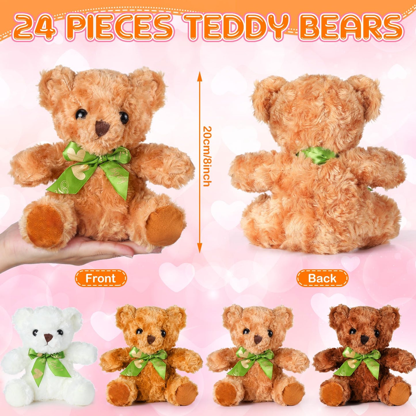 HyDren 24 Pieces Bulk 8 Inch Bears Stuffed Animals Small Soft Bear Plush Stuffed Toy with Bow Tie for Birthday Wedding Baby Shower Party Gift Favors