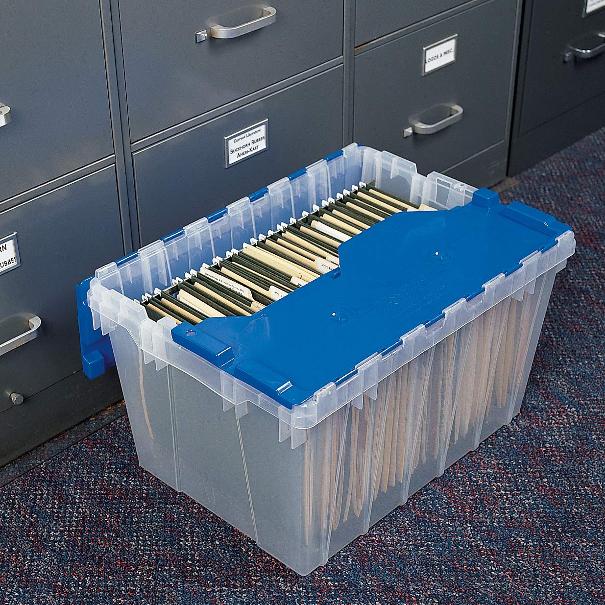 Akro-Mils KeepBox 12 Gallon Storage Container, Nesting and Stackable Plastic Storage Box with Lid Attached and Rails for Letter Size Hanging File Folders, 21" x 15" x 12", Clear/Blue