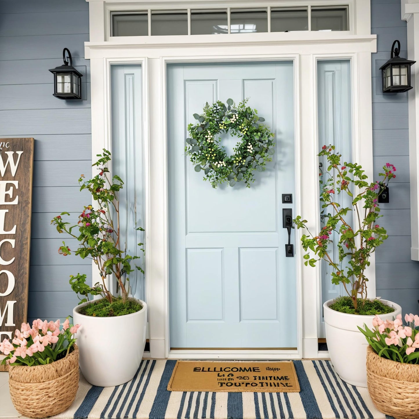 MDSTBN 26 Inch Eucalyptus Wreath Spring Summer Wreaths for Front Door, Artificial Large All Seasons Wreaths with for Farmhouse Porch Wall Living Room Home Wedding Decor