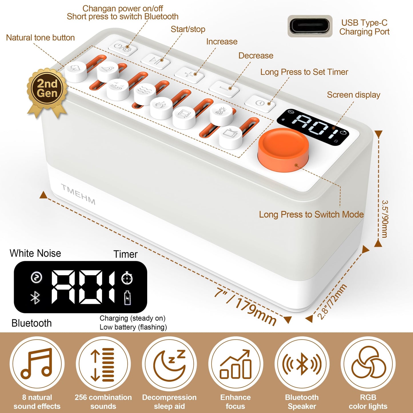 TMEHM 3-in-1 Sleep Sound Machine with 8 Mixable Nature Sounds, Portable Bluetooth Speaker & 12-Color Night Light, White Noise, Sleep Timer & Breathing Exercises for Babies, Kids, and Adults
