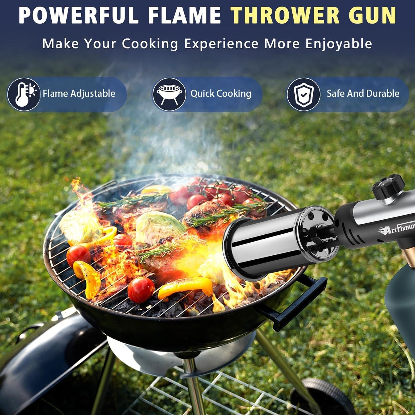 ARTFLAMM Powerful Propane Torch Gun, Flamethrower with Turbo Mode, Charcoal Torch Lighter with Safety Lock, Kitchen Blow Torch for Cooking, BBQ, Searing Steak, Grill(Tank Not Included)