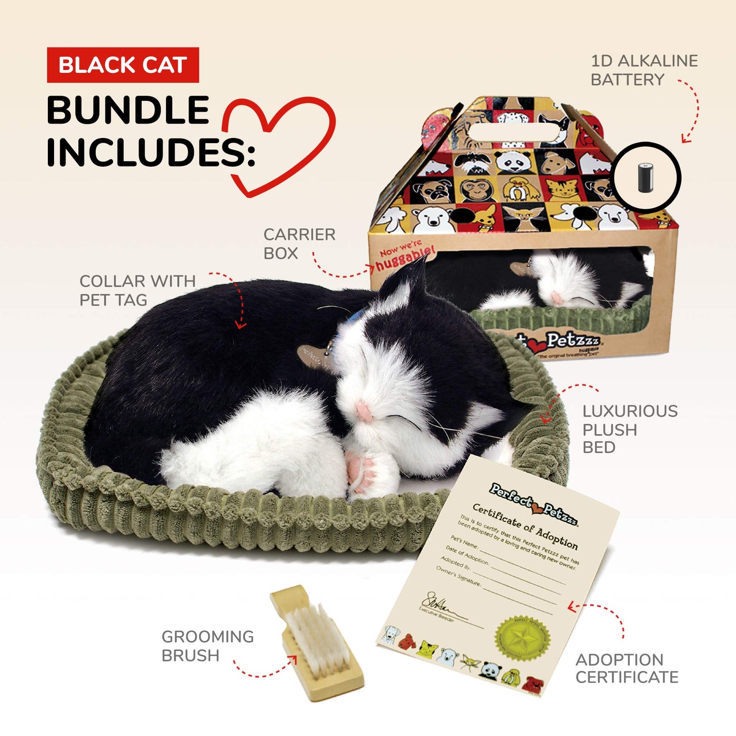 Original Petzzz Black and White Shorthair Kitten, Realistic, Lifelike Stuffed Interactive Pet Toy, Breathing Pets, Companion Pet Cat with 100% Handcrafted Synthetic Fur – Perfect Petzzz