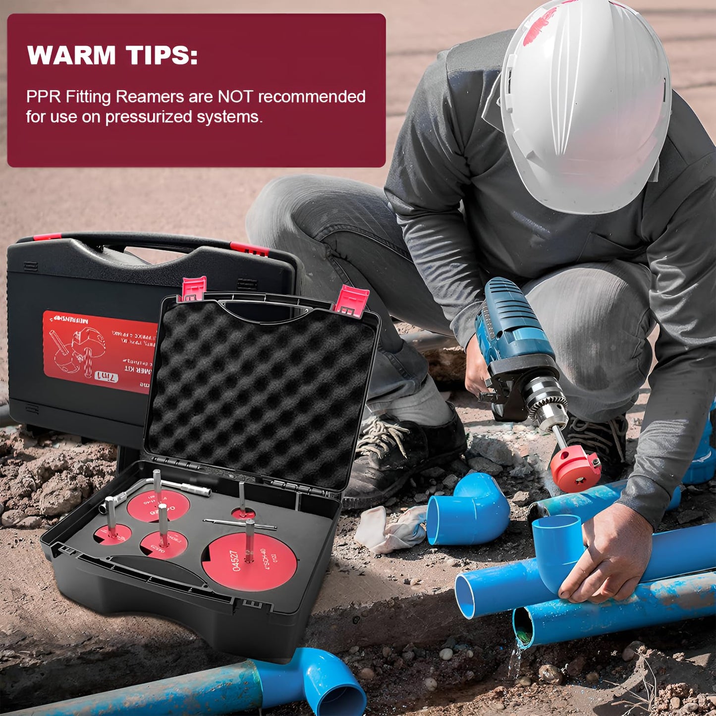 6 Piece Plastic Pipe Fitting Reamer Kit With A Socket Wrench, 0.75" 1" 1.5" 2" 3" 4 Inch PVC Pipe Reamer Tools Contain PPR75, PPR100, PPR150, PPR200, PPR300, PPR400, Fit Standard 3/8" & 1/4" Drills