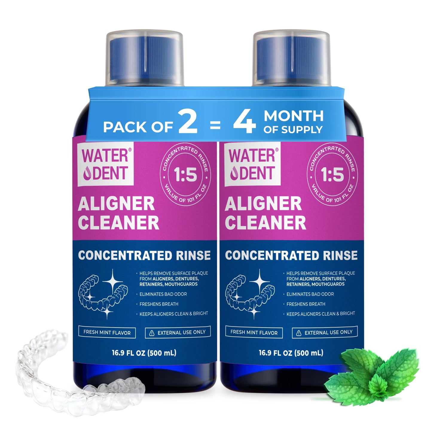ALIGNER Cleaner Rinse | Concentrated | Clean INVISIALIGN, retainers, dentures, Mouth Guards, Dental Appliance | 4 Month Supply, Alcohol Free, Minty & Fresh. Made in USA - Pack of 2 (33 fl.oz)