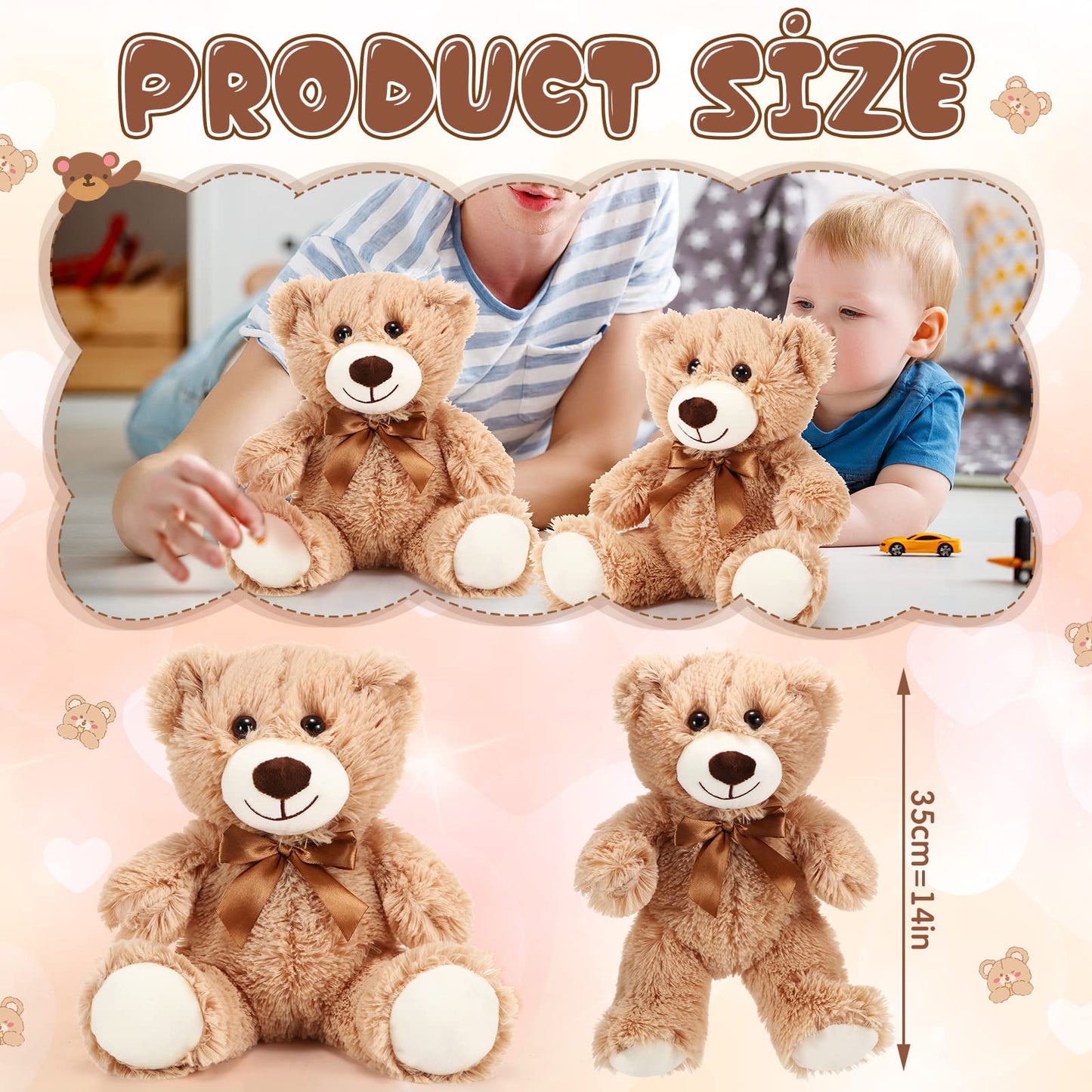 HyDren 12 Pieces Valentine‘s Day Bears Stuffed Animals Soft Plush Toy Bears for Birthday Party Easter Wedding Baby Shower Christian Charity Donation Supplies(Light Brown)