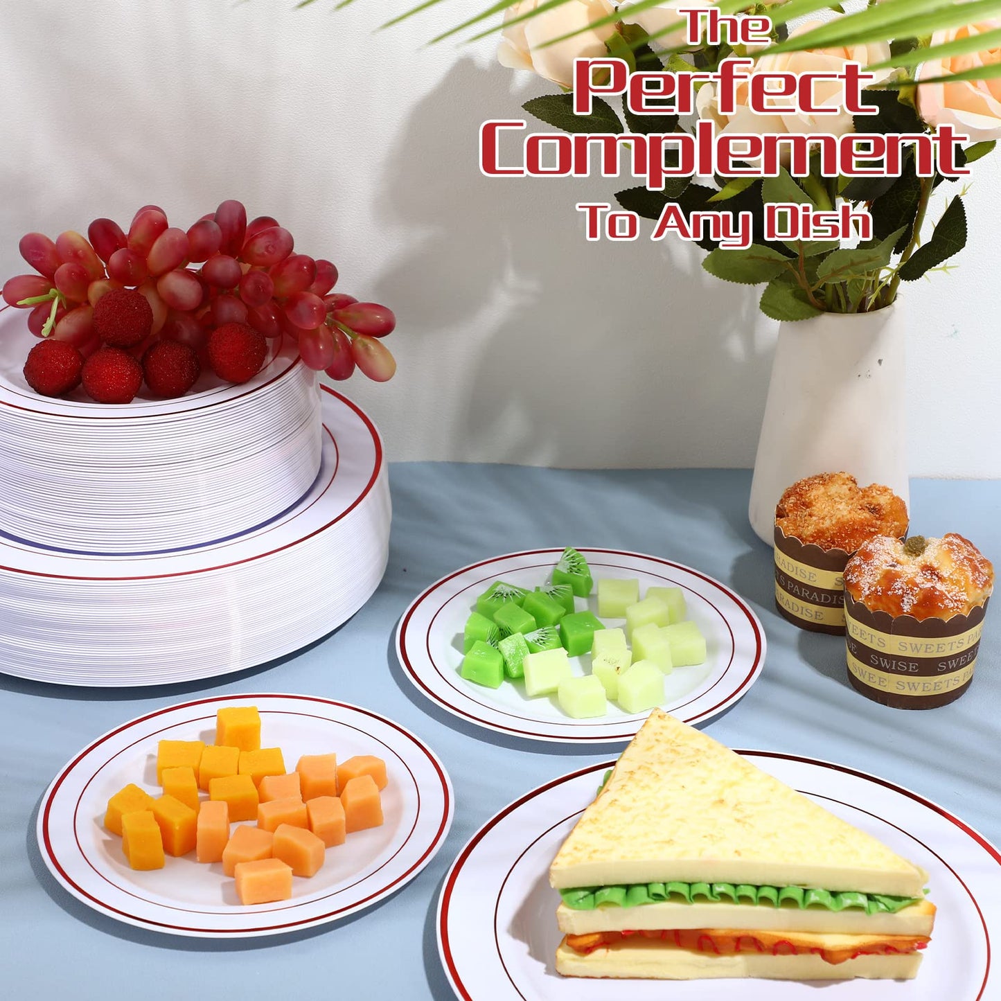 100 Pieces Party Plates Disposable Dinnerware Set 50 Guests Disposable Plastic Dinnerware for Party Dinner and Salad Plates, Plastic Plate with Elegant Rim for Wedding Graduation Party(Red Rim)