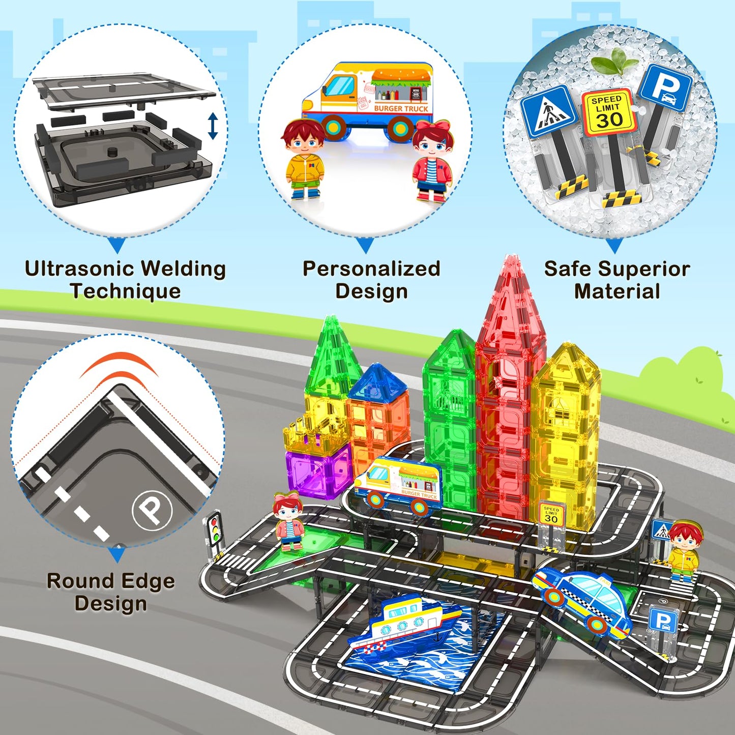 112 PCS Magnetic Tiles Road Set, STEM Magnetic Building Blocks for Toddler Kid Toys, City Construction Toys for 3+ Year Old Boys & Girls, Creative Kids Toys Gifts