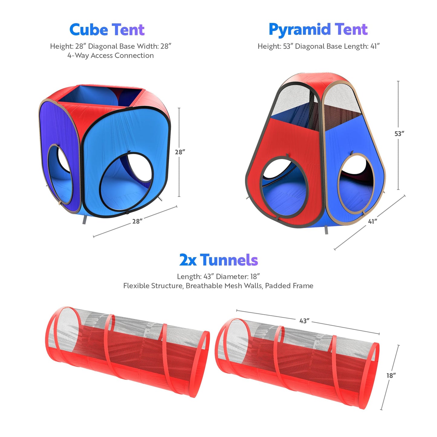Playz 4pc Pop Up Play Tent and Tunnel Bundle for Toddlers and Kids - Indoor & Outdoor Playhouse with Storage Bag, Red & Blue