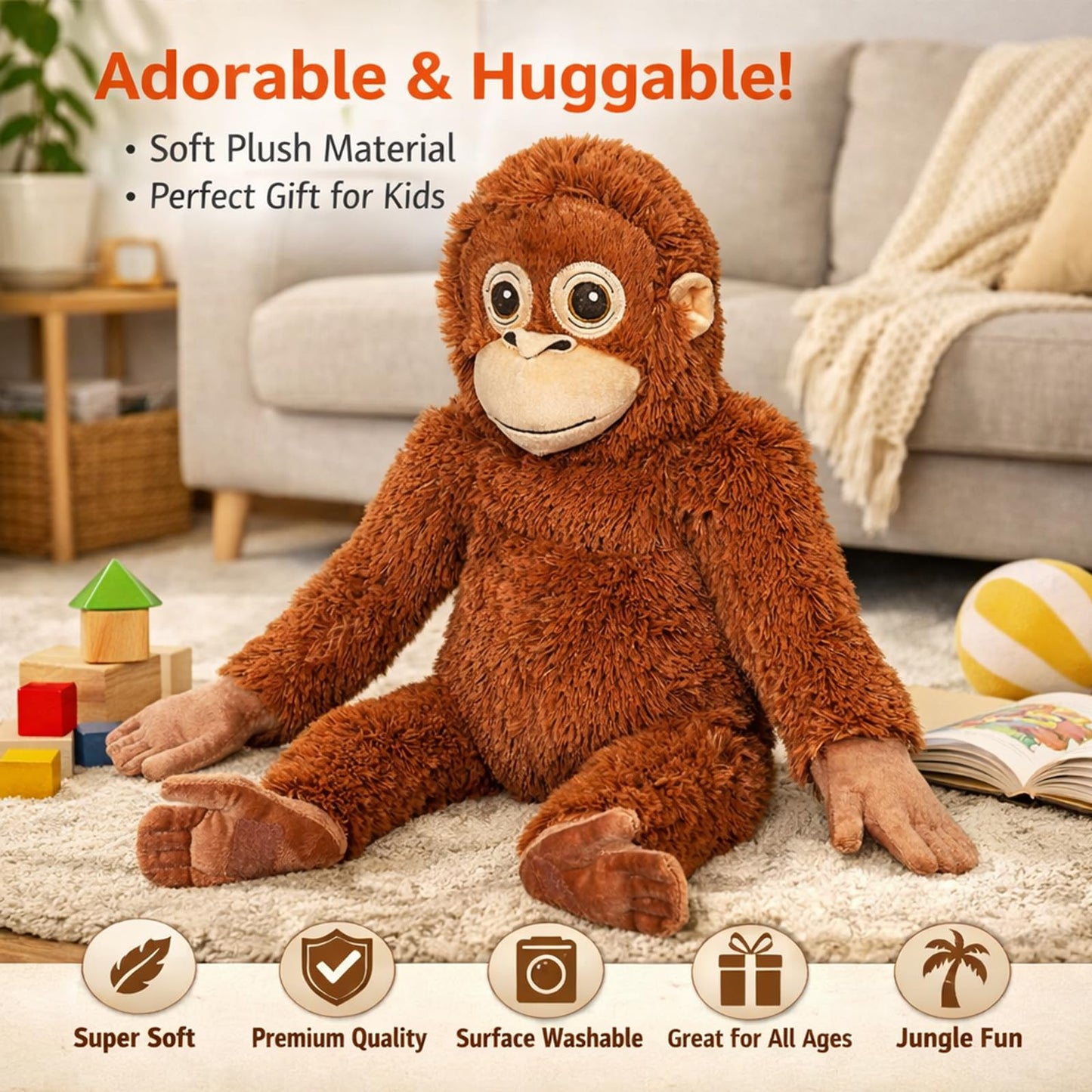 Fluffypals Punch Monkey Plush - 23.6 Inch Punch The Monkey Stuffed Animal, Hanging on Bags or Neck Orangutan Plush, Great Gift for Boys Girls Kids Fans