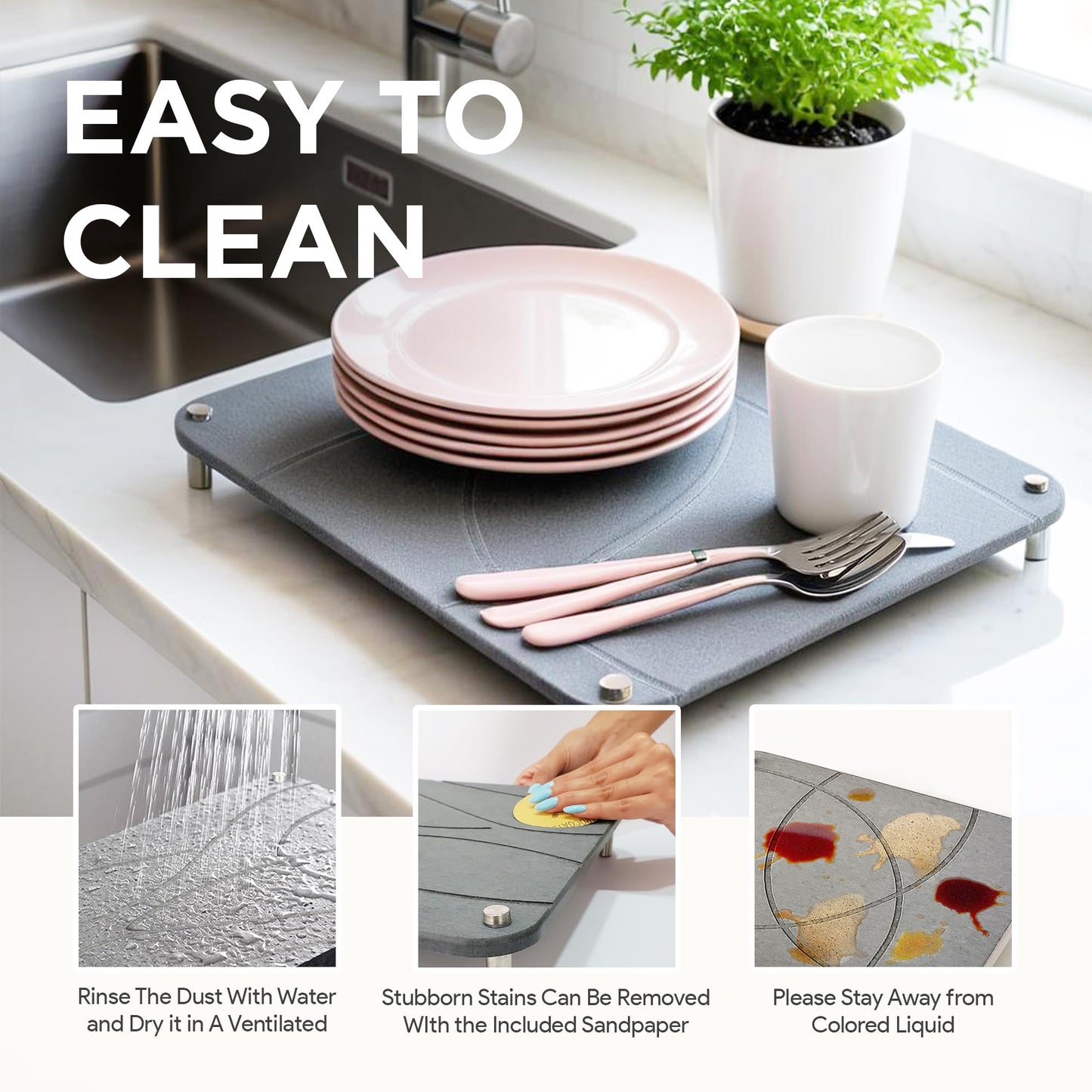 Nested Dish Drying Stone Mat with Bamboo Rack | 2 Pcs Diatomaceous Earth Stone Drying Mats for Kitchen Counter with Non-Slip Feet | Collapsible Large Drying Stone for Dishes (Dark Gray)