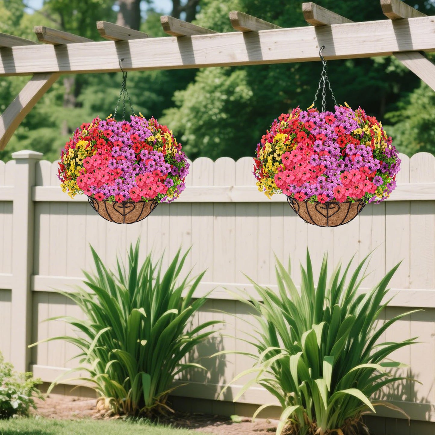 LetuoClips 2 Sets Artificial Hanging Flower for Outdoors, Fake Hanging Basket for Outside,2 Hanging Basket with 26 Pcs Faux Silk Flowers for Porch, Balcony and Patio Decor(Mixed)