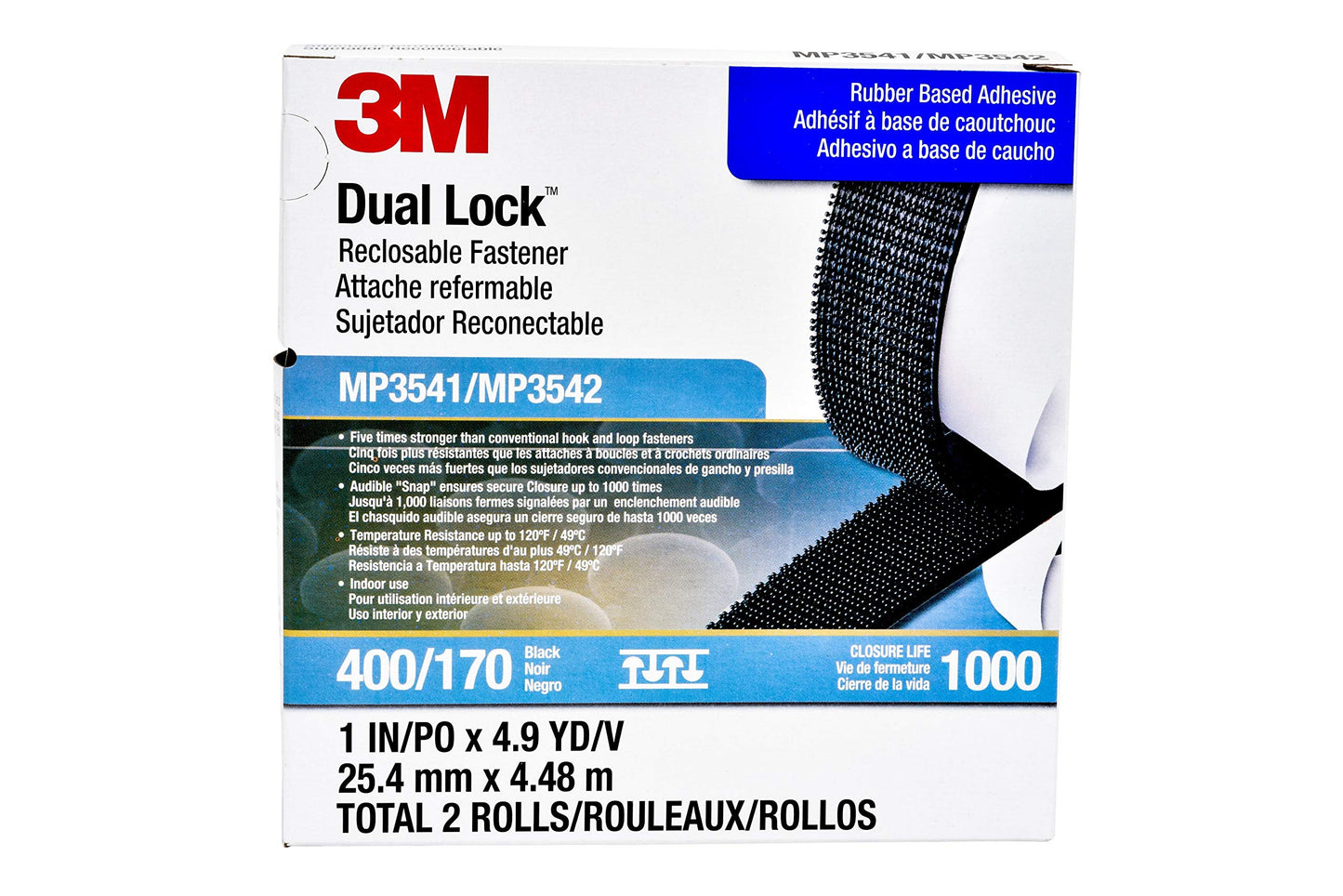 3M Dual Lock Reclosable Fastener MP3541/MP3542, SJ3542, Black, 1 in x 5 yd, Type 400/170, General Use, Durable for Repeated Opening and Closings, Pressure Sensitive Adhesive