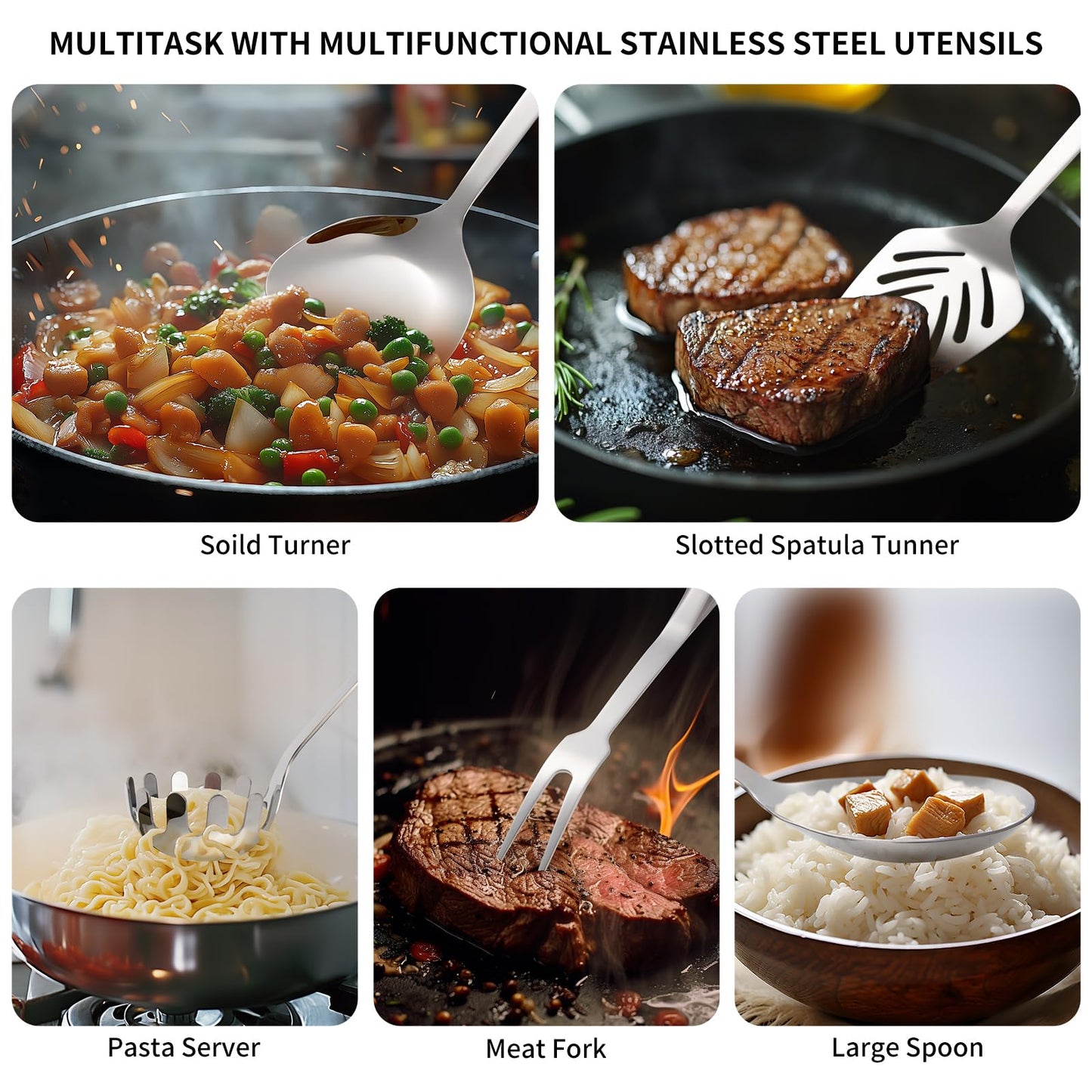 304 Stainless Steel Kitchen Utensil Set - 9pcs Cooking Utensils, Metal Kitchen Utensil Spatula Sets Cookware,High temperature resistance Kitchen Tool Set for Hanging Dishwasher Safe(Silver)