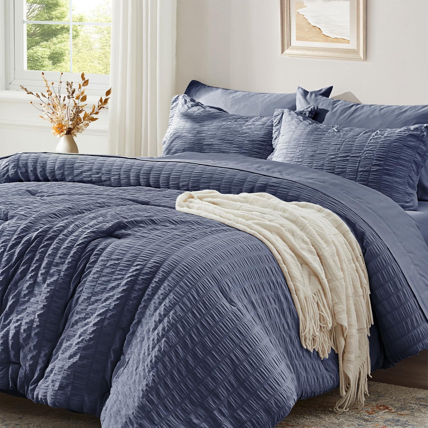 Zzlpp Twin Bedding Set 5 Pieces, Greyish Blue Seersucker, All Season Comforter Set with 1 Comforter, 1 Pillow Sham, 1 Pillowcase, 1 Flat Sheet, 1 Fitted Sheet