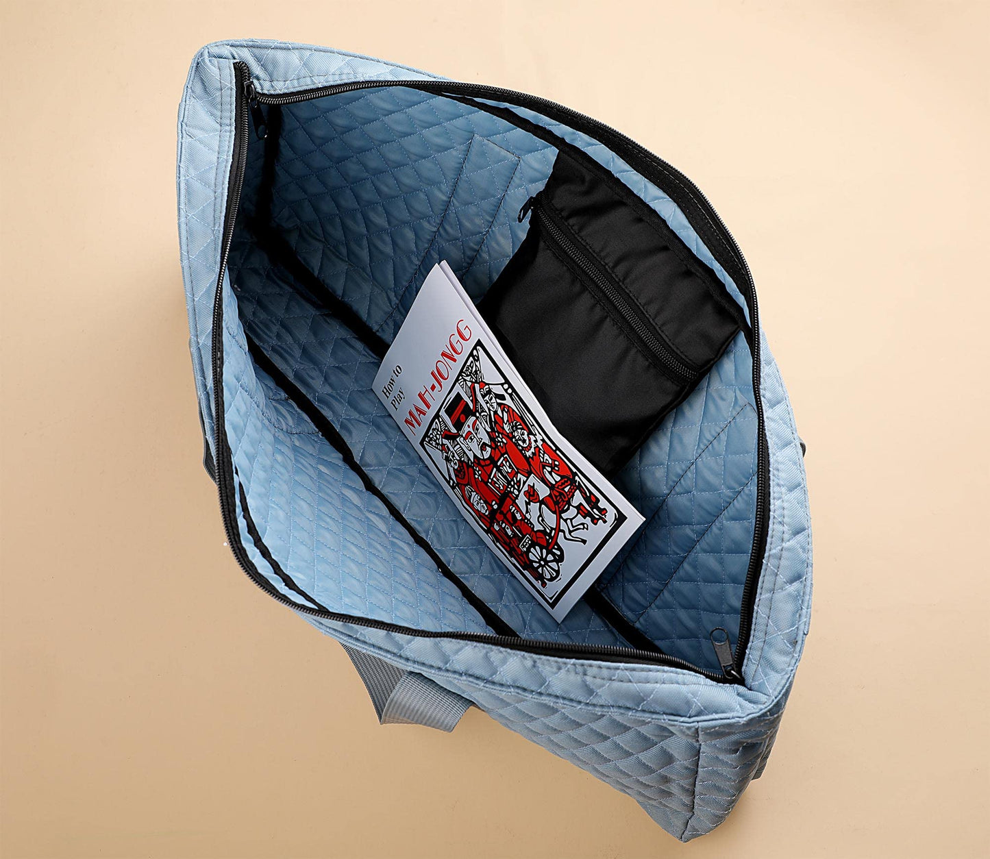 American Mahjong Game Set - Pearl Gray Quilted Soft Bag - 166 White Engraved Tiles, 4 All-in-One Rack/Pushers Complete Western Mah-Jongg, Maj Jongg, Ma Jong Set