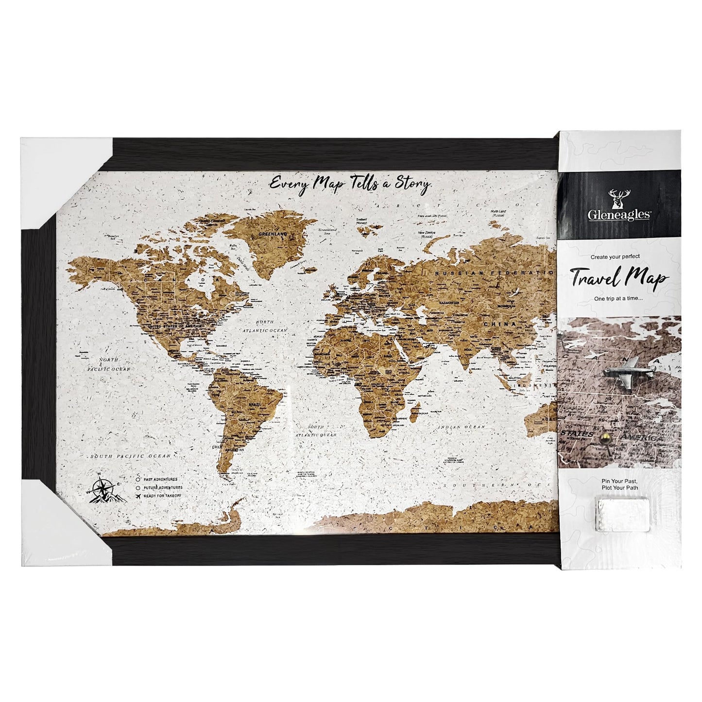 Gleneagles World Travel Map with Pins - Black Frame Cork Board 70 Push Pins Included 21.2''x14.2'' Home Office Wanderlust Decor Gift Present for Travelers Mark Past Future Adventure 3 Colours