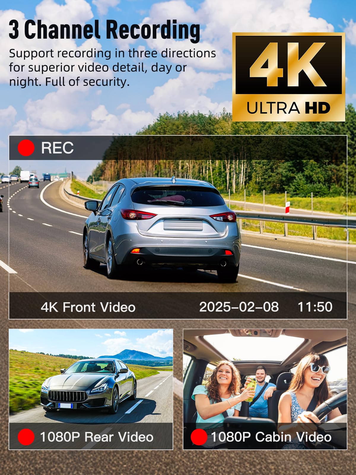 3 Channel WiFi Dash Cam, 4K+1080P+1080P Dash Cam Front and Rear Inside with 64GB Card, 3.16” IPS Screen, G-Sensor, Loop Recording, Parking Monitor, 170° Wide Angle, IR Night Vision, WDR, Silver