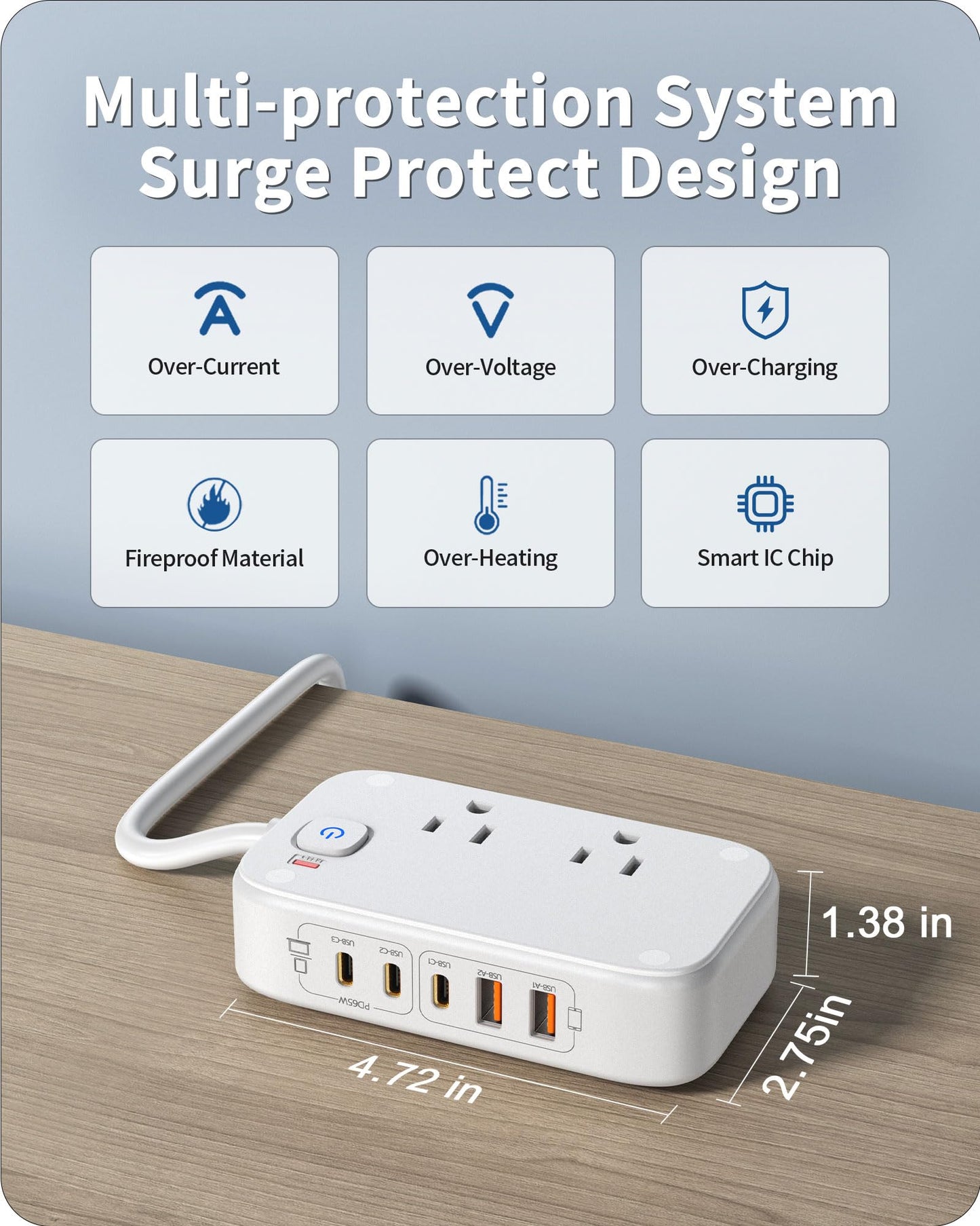 KWRNVO Power Strip with USB Ports, 65W USB C Charger for Laptop 5FT Flat Extension Cord Outlet Extender with 2 AC Outlets, 3 USB C Ports, 2 USB A Ports, Surge Protector Desktop USB Charging Station
