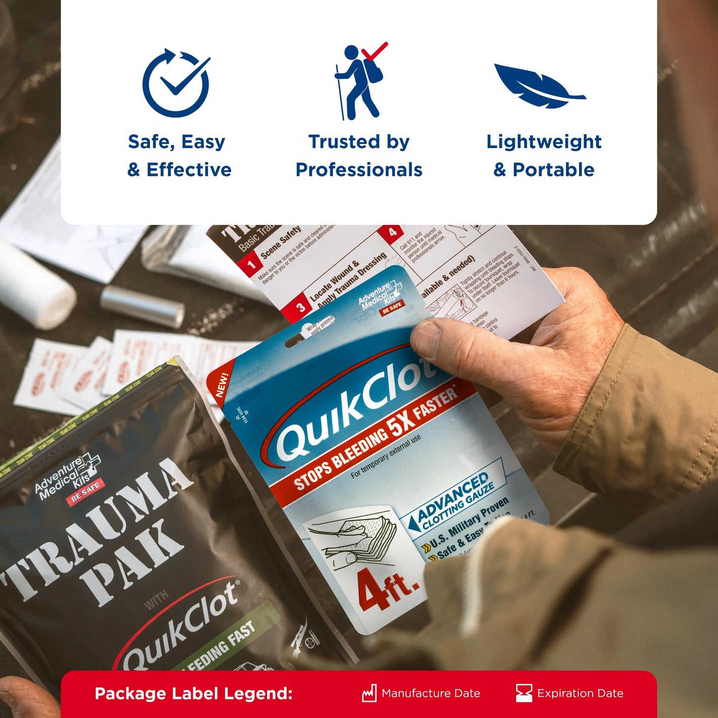 Adventure Medical Kits QuikClot Gauze - Gauze for Emergency Survival Kit, Doomsday Prepping Supplies & More - Stops Bleeding Fast with Kaolin - Flexible Hemostatic Medical Gauze - 3" x 48"