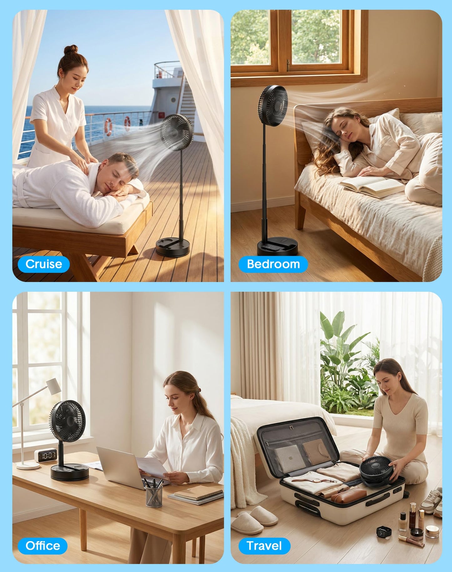 Portable Standing Oscillating Rechargeable Fan - 8" 8000mah Battery Operated USB Fans for Bedroom Quiet Remote Folding Pedestal Floor Ventilador Foldable Table Desk Room Office Camping Cruise Travel
