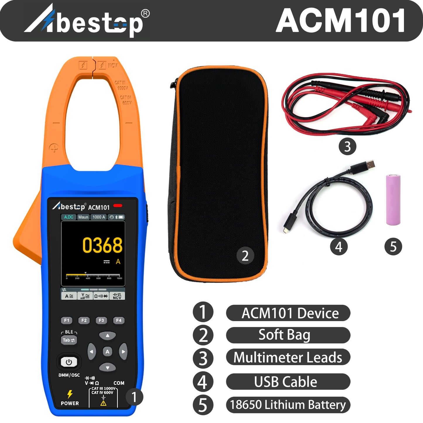 ACM101 Abestop Clamp Meter 1000A Smart 3 in 1 AC/DC Current Clamp with 2.8 inch IPS LCD Display OSC + Record Function