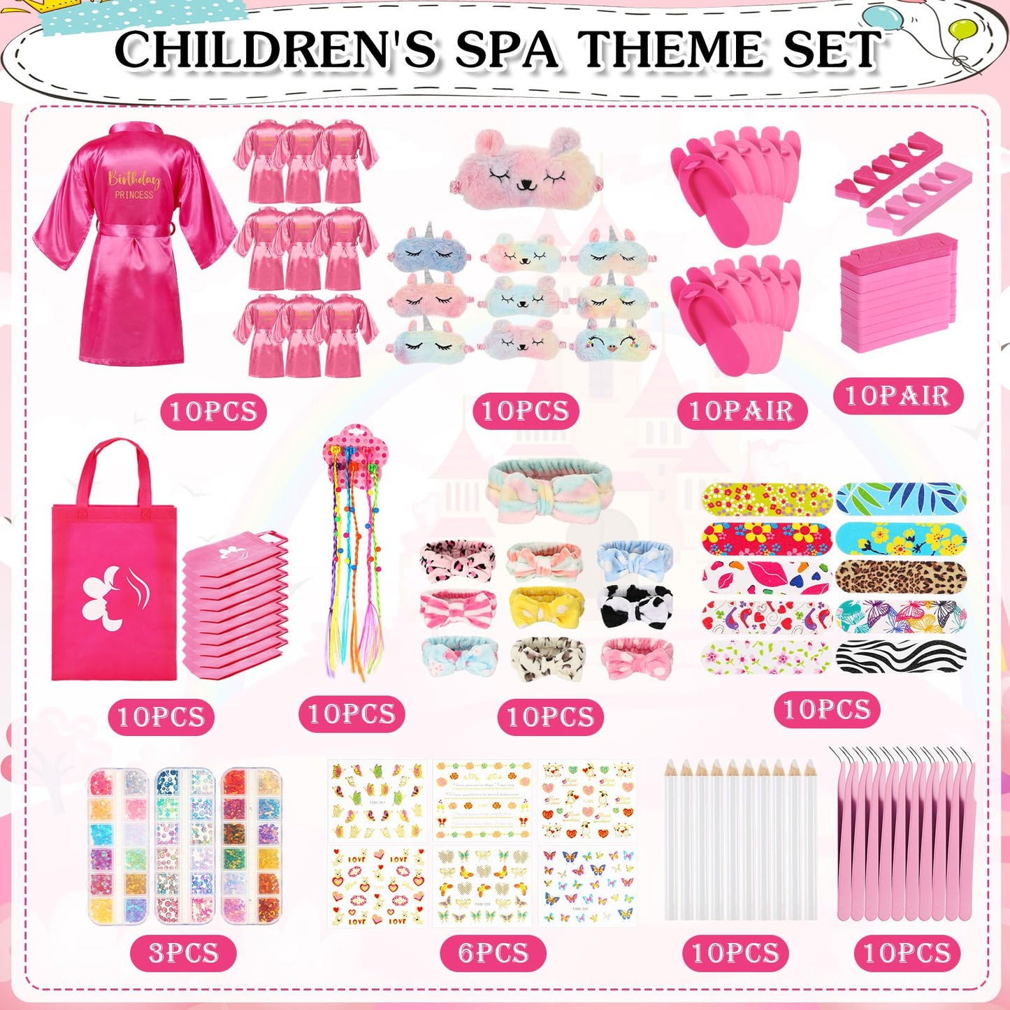 Toulite 10 Set Spa Party Supplies for Girls Kids 10 Satin Robes Spa Kit Sleepover Birthday Slumber Party Favors Nail Salon(Rose Red, Pink)