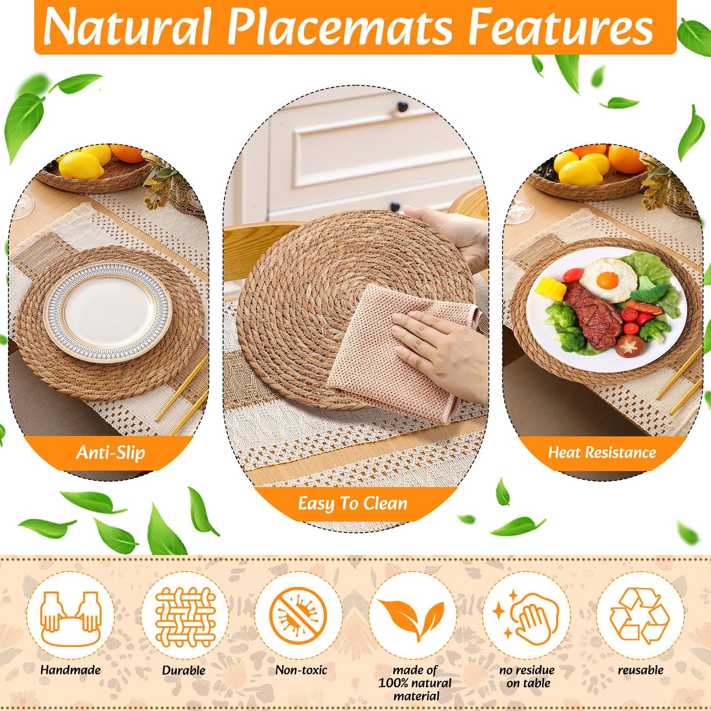 Gandeer 6 Sets Boho Decoration Placemats Round Woven Placemats, Cloth Napkins, Wood Bead Napkin Rings, Long Table Runner and Farmhouse Burlap Cotton for Table Kitchen (Khaki,12x72)