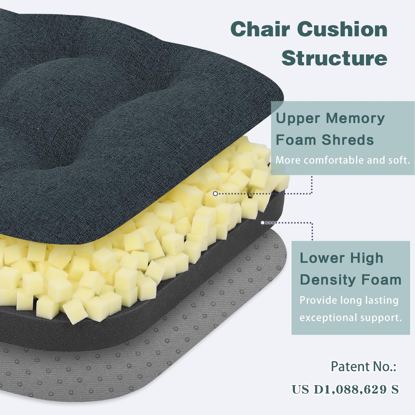 baibu Dining Chair Cushions Set of 6, Dual-Layer Memory Foam Kitchen Chair Cushions, Patented Design Seat Pads with Ties, 16.5 x 16.5 x 3.5in, Navy Blue