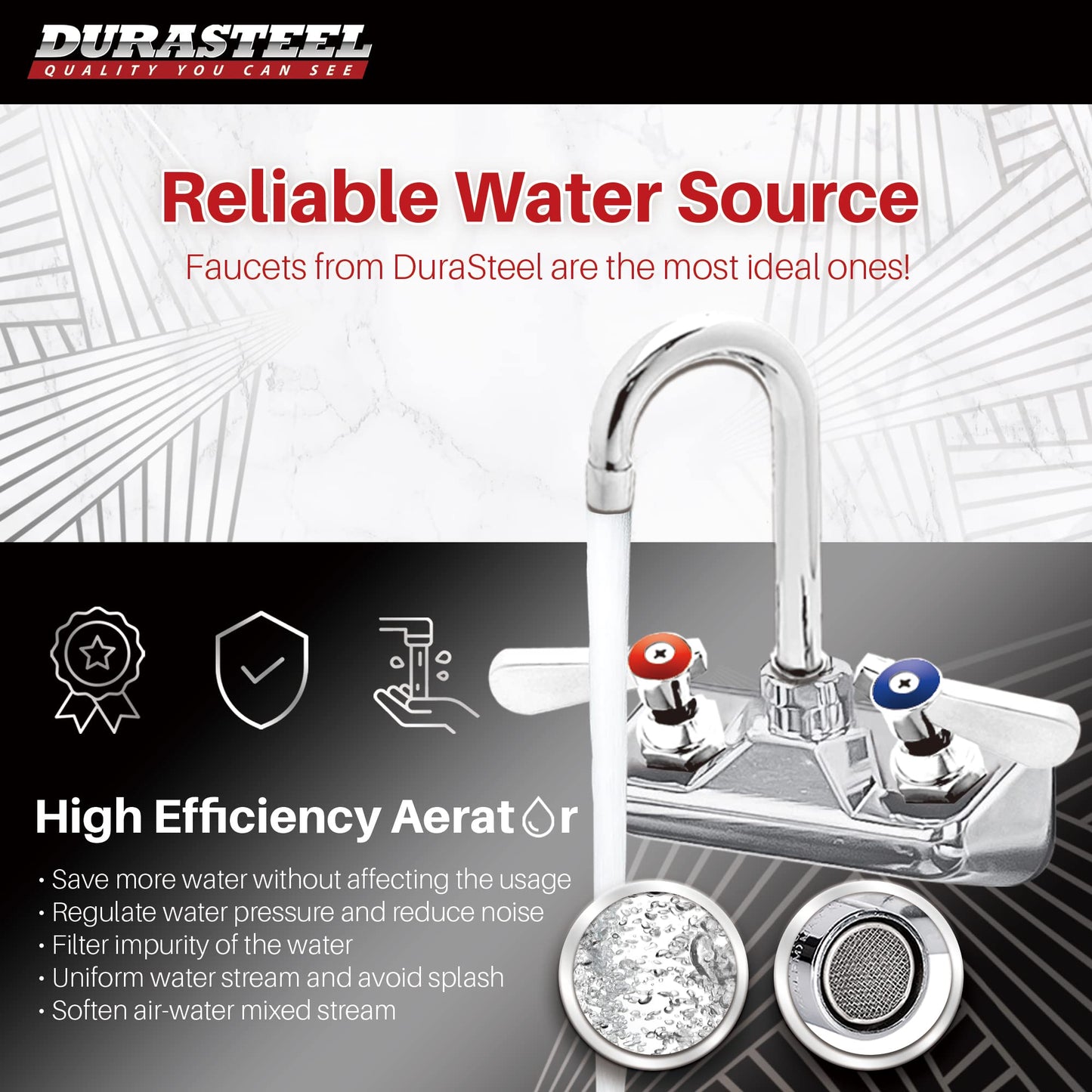 DuraSteel Commercial Hand Sink Faucet - 4 Inch Center Wall Mount Handwash Sink Faucet with 3-1/2" Gooseneck Spout - CEC Certified Saving Water - Dual Swing