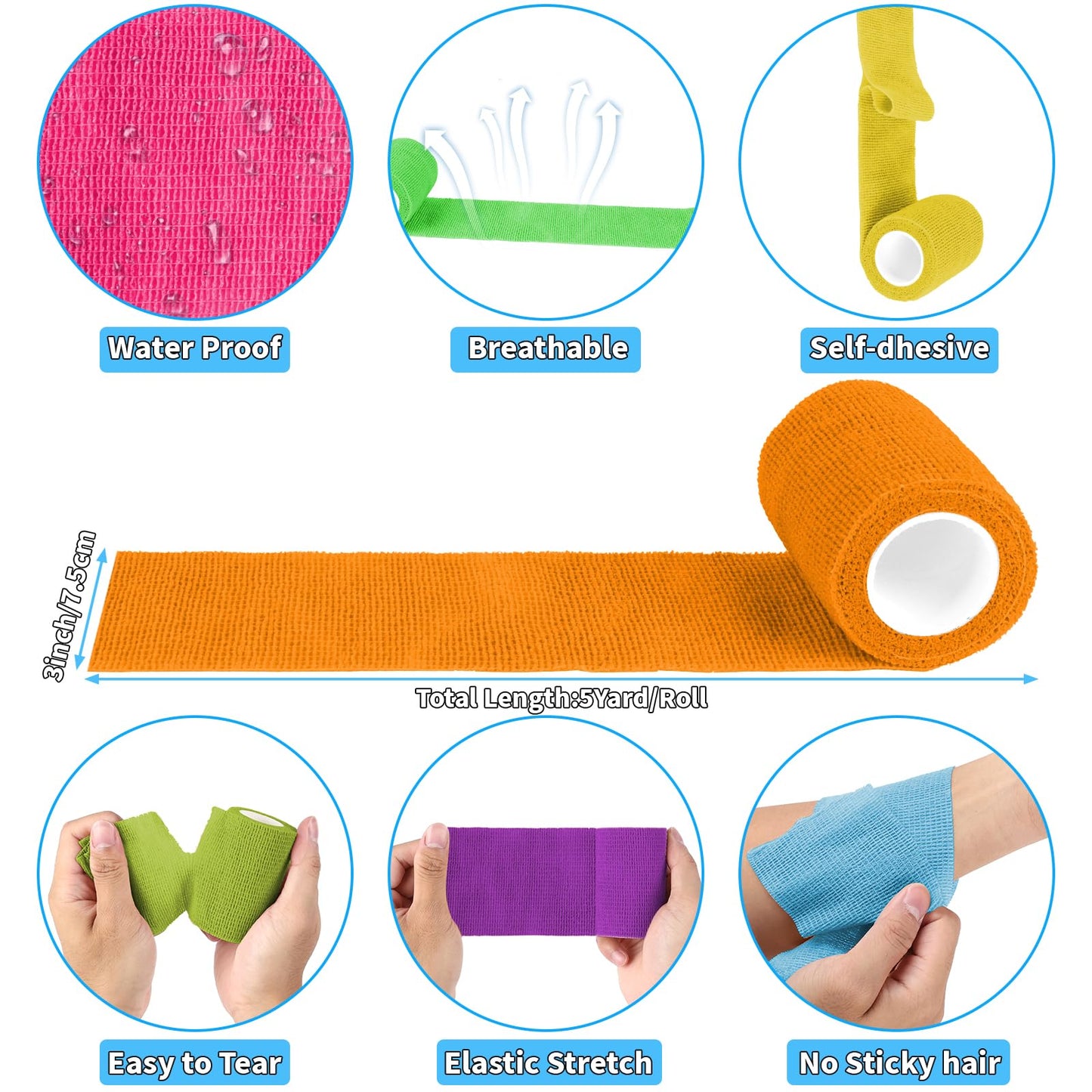 60 Pack Colorful Self Adhesive Bandage Wrap Bulk 3 Inch x 5 Yards Cohesive Bandage,Vet Wrap Breathable Elastic Self-Adherent Tape for Stretch Athletic Sports Wrist Ankle Dogs Pet Vet Wrap