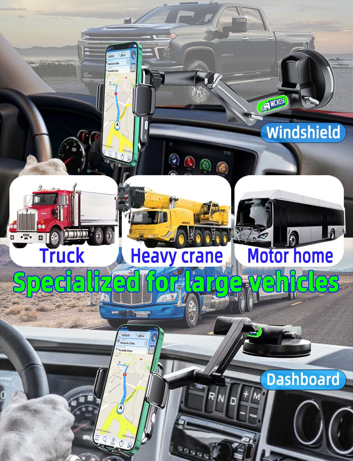 WCKESI Truck Phone Holder Mount Wireless Charger Heavy Duty for Car 15W Smart Fast Charging 14 inch Long Arm Pickup Truck Windshield and Dashboard,Truck Accessories,for iPhone Samsung LG