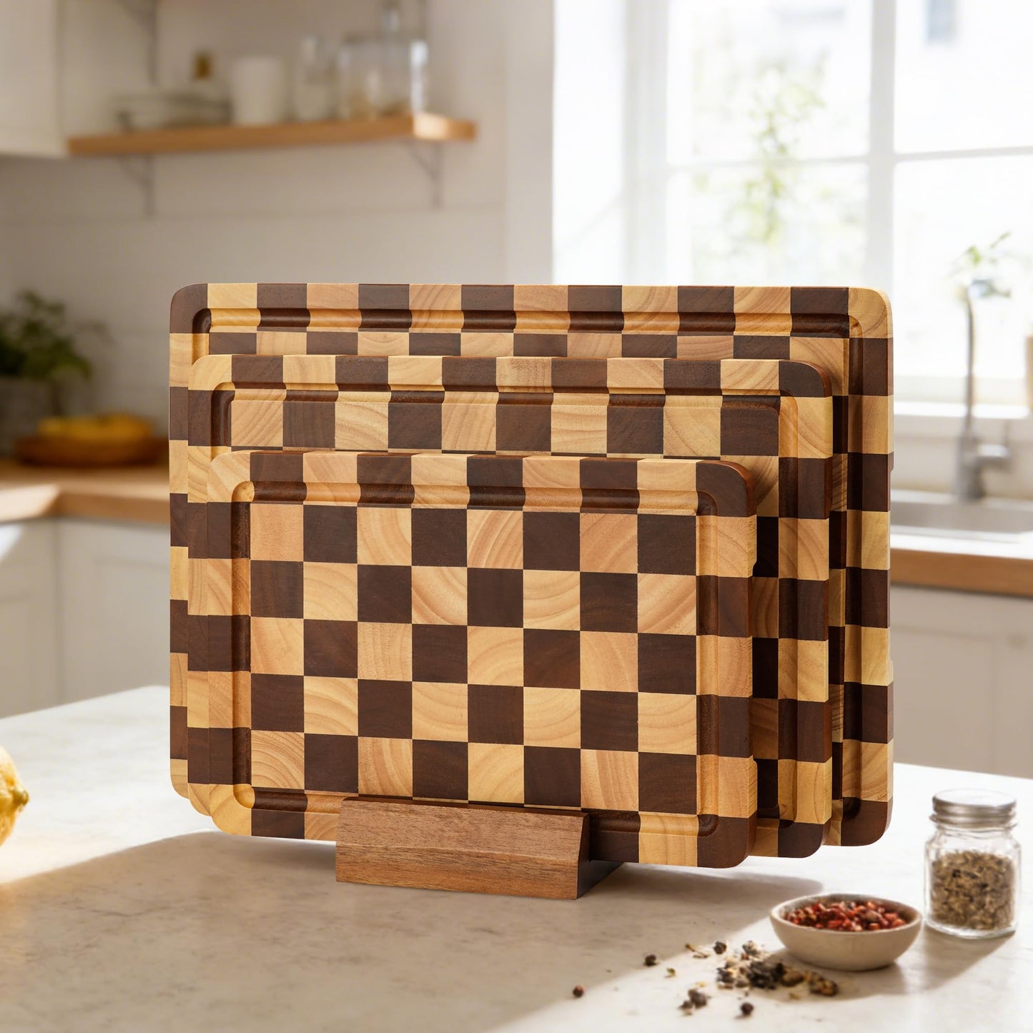 Checkered Cutting Board Set, 3-Piece Wood Checkerboard Cutting Boards for Kitchen with Stand, Chopping Board Set with Juice Groove & Handle for Meat, Vegetables, Cheese & Serving