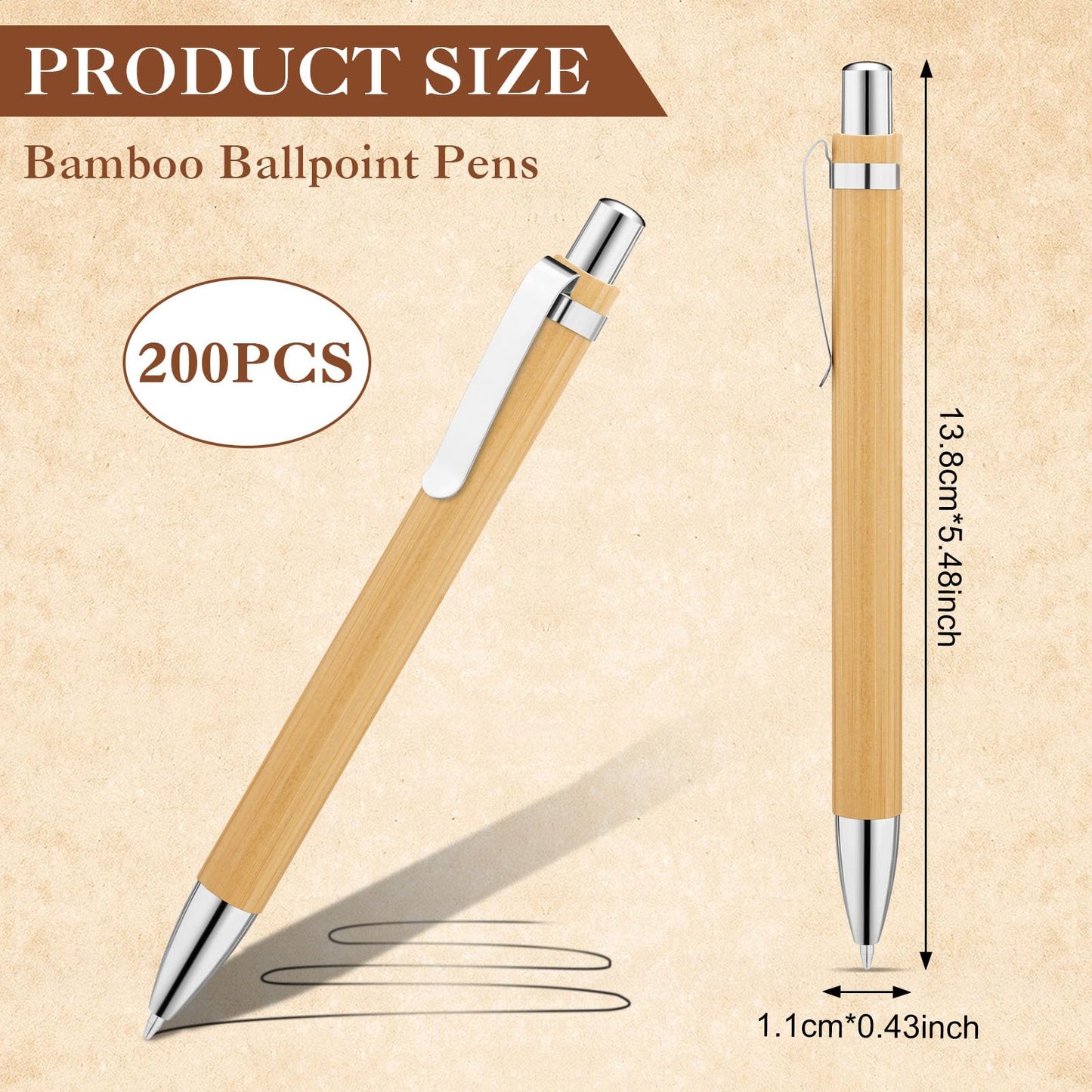 SATINIOR 200 Pcs Bamboo Ballpoint Pens, Wooden Retractable Ballpoint Pen, Black Ink, 1mm Pen, Sustainable, Stylish, Practical, Widely Applicable