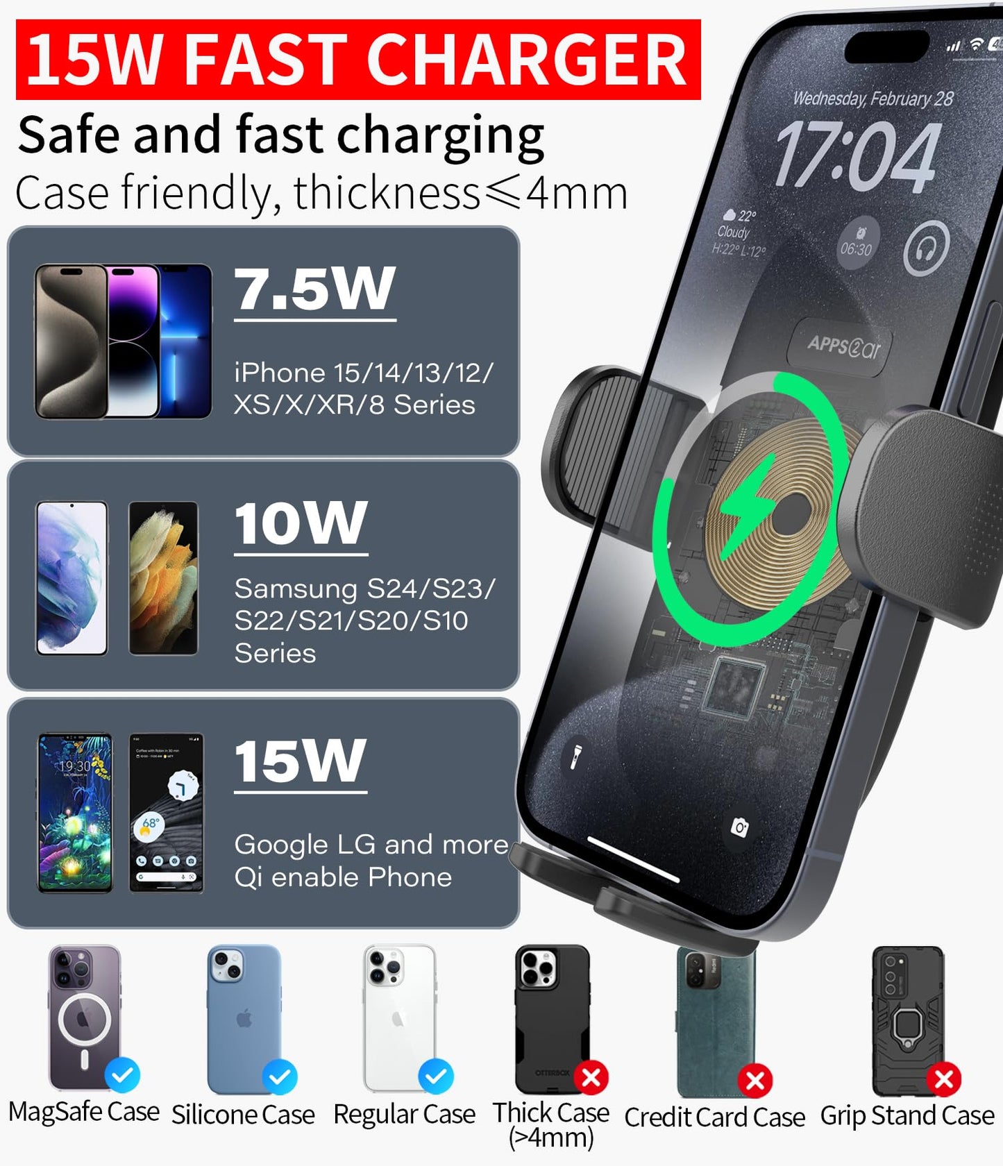 APPS2Car Solid Cup Holder Phone Mount for Car Wireless Charger 15W with Quick Extension Long Arm Fast Swivel Adjustable Height 360 Rotatable Low Profile for iPhone 15 Pro Max Plus 14 13 12 11 XS X