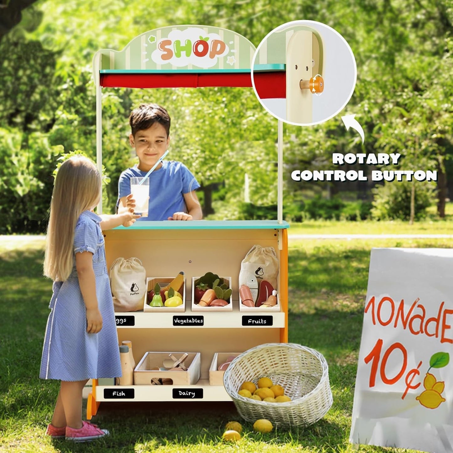 labebe - Deluxe Wooden Puppet Theater Bonus 2 Hand Puppet, 2-in-1 Clock Theater Reversible Play Store, Double-Sided Lemonade Stand, Puppet Show Theater Toy with Chalkboard for Kids 36M+
