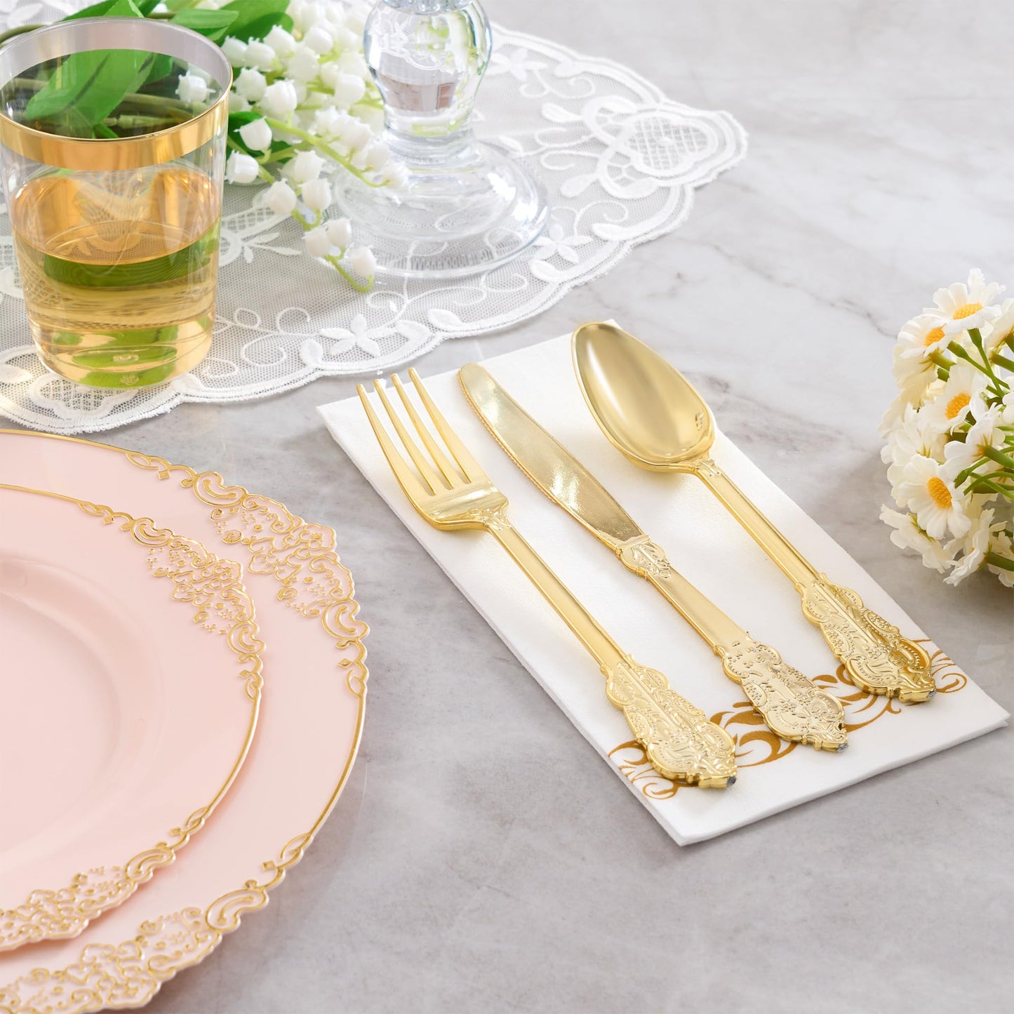 Fijinhom 350pcs Pink Plastic Plates, Elegant Disposable Dinnerware Set, 125 Pieces, White and Gold, Plates, Cups, Cutlery and Napkins (Pink, 50 Guests)