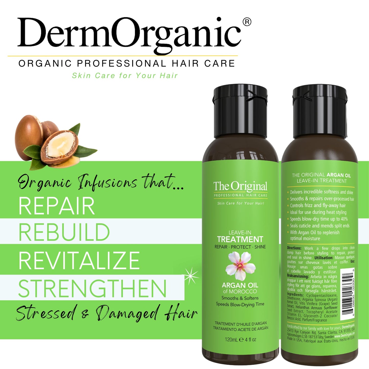 DermOrganic Leave In Hair Treatment with Organic Argan Oil - Seals, Protects, Restores Shine to Dry & Damaged Hair – 4 oz (2 Count)